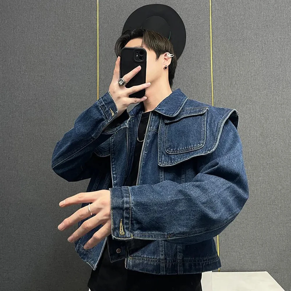 

Mens Denim Jacket Splicing Shawl Pocket Jacket Streetwear Niche Temperament Personality Short Casual Jacket Men'S Clothing 2024