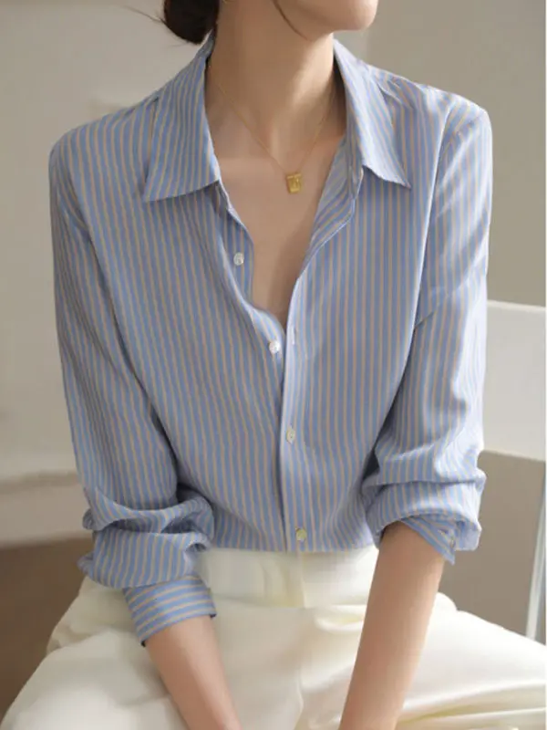 

Blue Striped Women's irt Loose Long Sve Ele Top French Sle Button down Casual High End Spring Autumn Faionable