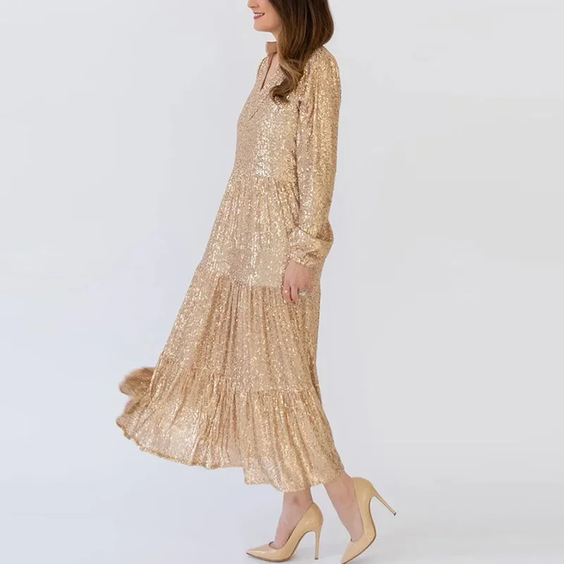 Champagne Sequins Shiny Pleated Long Dress Women Spring V-neck Loose Boho Party Dress Autumn Long Sleeve A-Line Maxi Dress Mujer