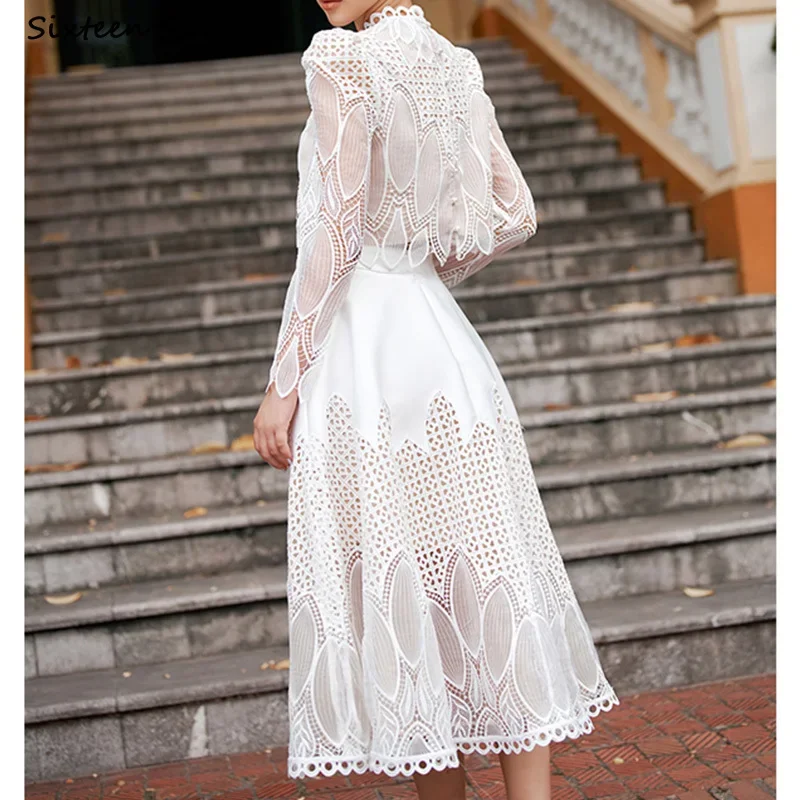 Conjuntos de 2 piezas de encaje blanco para mujer, Tops de flores bordadas Vintage + faldas de cintura alta para mujer, conjuntos de falda de diseño