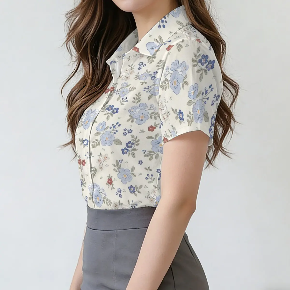 Floral print blouse for women, all-over print, turn-down collar, unique design, summer style