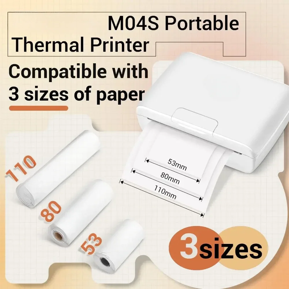 M04S 110mm Portable Printer 304dpi Bluetooth Inkless Thermal Printer Support 53/80/110mm Thermal Paper for Mobile Phone Newest