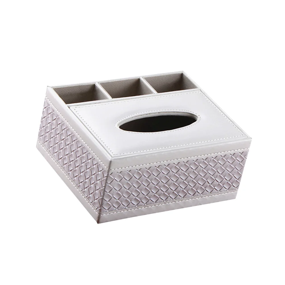 

Multifunction Tissue Box Desktop Organizer White Woven Pattern Storage Container for Home Office Pens Holder Tissue