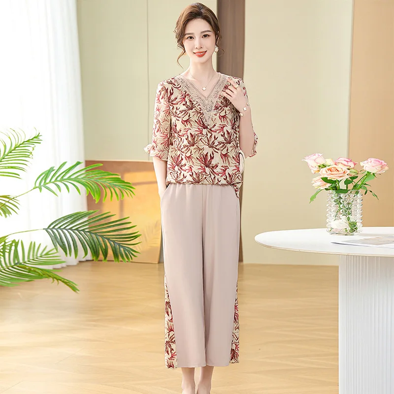 Elegant 2-Piece Sets For Women XL-5XL Thin Printed Summer Short Sleeve Shirt Pants Sets Middle Aged Mother Outfit Grandma Suit