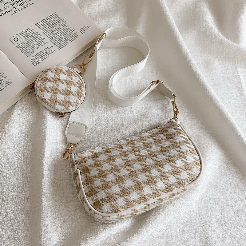 Female Vintage Plaid Printing Shoulder Bags with Mini Round Purse Pendant Women\'s Bag Casual Small Crossbody Bags 2pcs Composite