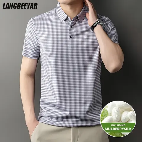 2026 Top Grade Mulberry Silk Anti-wrinkle New Summer Brand Polo Shirt Short Sleeve Casual Tops Fashions Checkered Mens Clothes