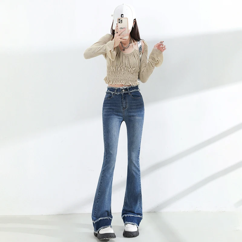 

Girls Fashion High Waisted Jeans Woman Clothing Ladies Casual Streetwear Lim-Fit Denim Trousers Female Vintage Bell-bottoms 2531