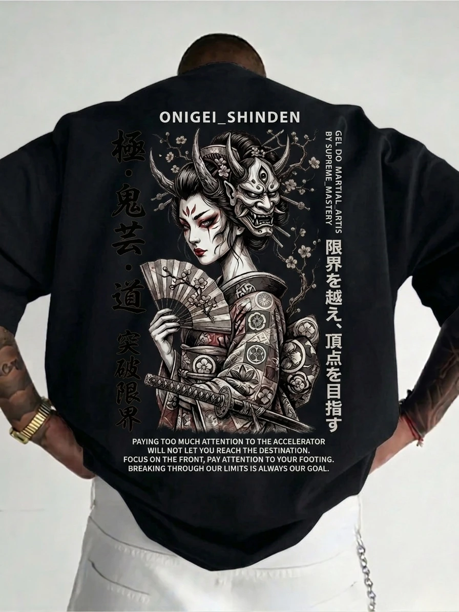 Japanese Geisha Oni Mask Samurai Graphic T Shirt Men Women 100% Cotton Short Sleeve Streetwear 