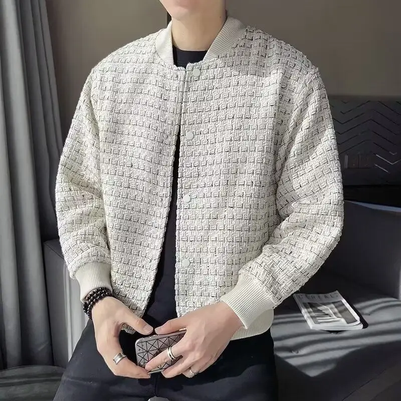 Men Round Neck Tweed Baseball Jacket Button Up Loose Long Sleeve Business Casual Outerwear Coat