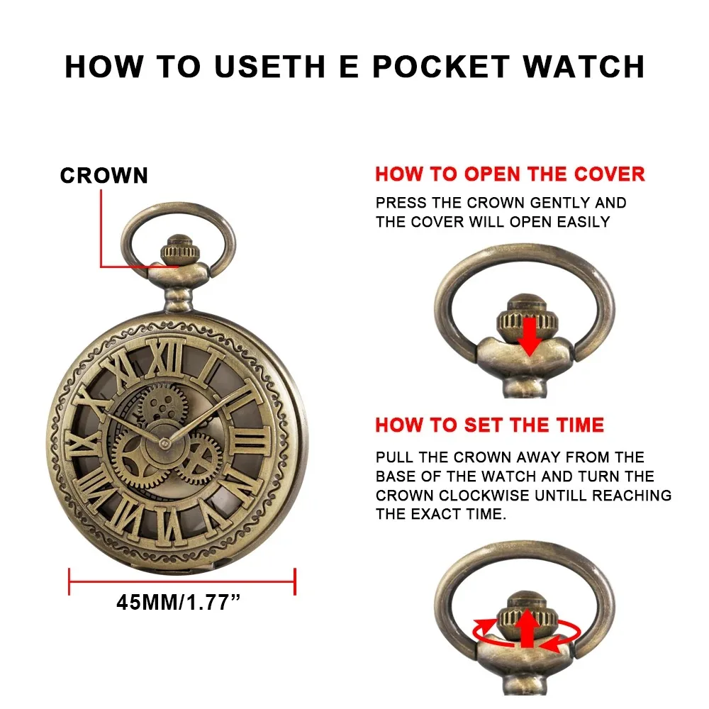 العتيقة Steampunk والعتاد الجوف خمر الأرقام الرومانية ساعة جيب كوارتز البرونزية حالة قلادة قلادة ساعة سلسلة الرجال النساء