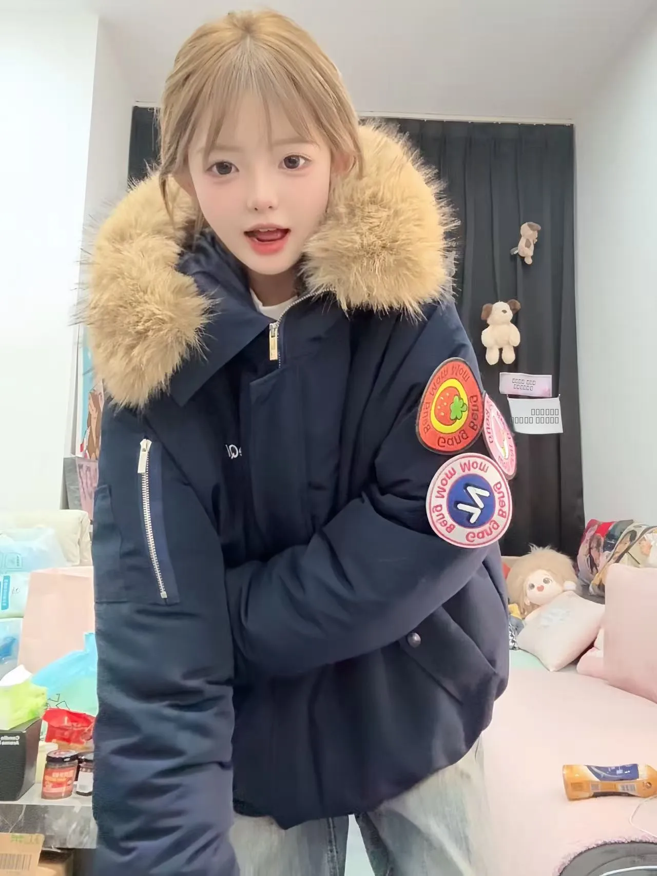 

Sli Loose Motorcycle Jaet Men's Women's Large Fur Collar Commuter Sle Zipper Closure Long Sve Hooded Color