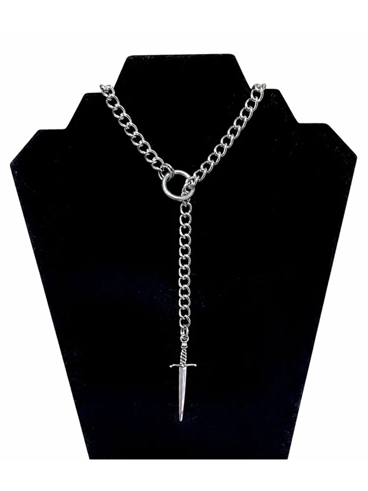 Punk Edelstahl Schwert Anhänger Y-Form Halskette Gothic O-Ring Kette Choker Dunkler Stil Halsschmuck für Damen Party