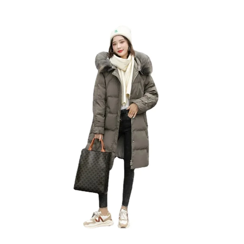 Thickened Mid-Length Down Jacket for Women, Quilted Puffer Coat, Zip-Off Faux Fur Hood, Winter