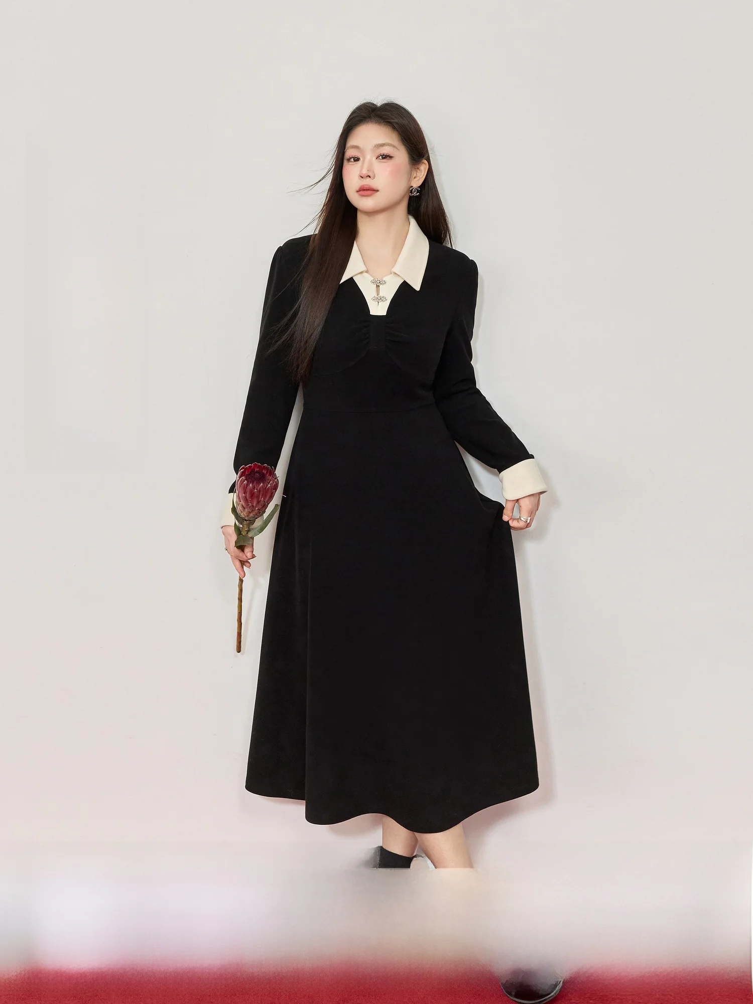 

Faionable Thiened Slimming Bla White Contrast Collar Winter Dr Large Size Women's Ele A-Line Skirt Long Sve
