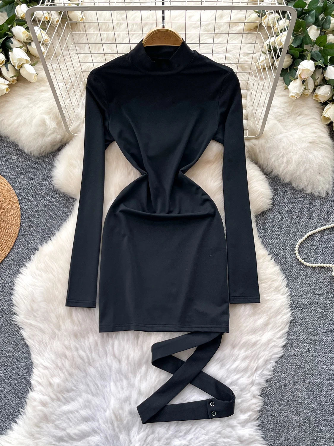 

Slim Fit High Waist A-Line Dress Women's Long Sleeve Black Half High Collar Commute Style Korean Version City Commuting Dress