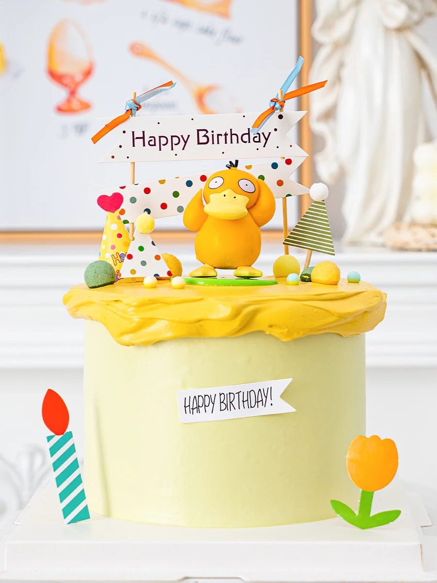 Colorful Dot Hat Baby Birthday Party Cake Topper Baking Supplies Yellow Cartoon Cute Duck Children's Doll Decoration Favor Gift