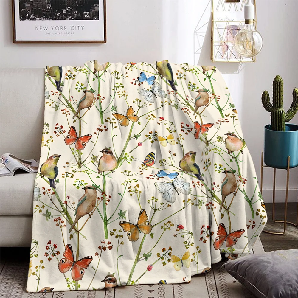 Watercolor Bird Butterfly Wild Flower White Base Print Blanket, Light Flannel Throw For Couch Room, Fresh Nature Daily Blanket
