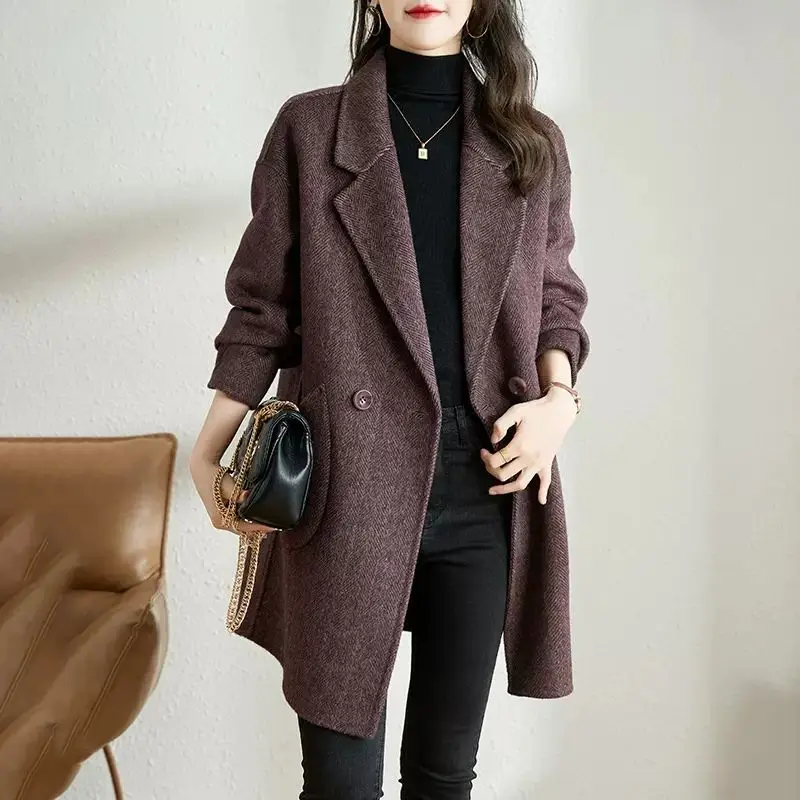 Giacca Blazer di lana Vintage moda coreana da donna giacca da ufficio Casual manica lunga allentata Outewear doppio petto cappotto Chic spesso