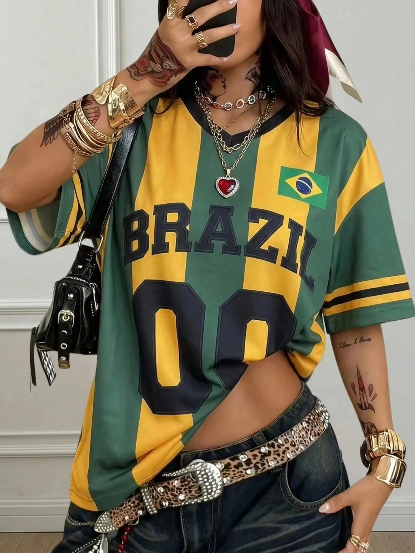 Fashion Y2K Brazil Style Jersey Green & Yellow Striped Print Loose T-Shirt Streetwear Style Sporty Stylish Tops Family Matching