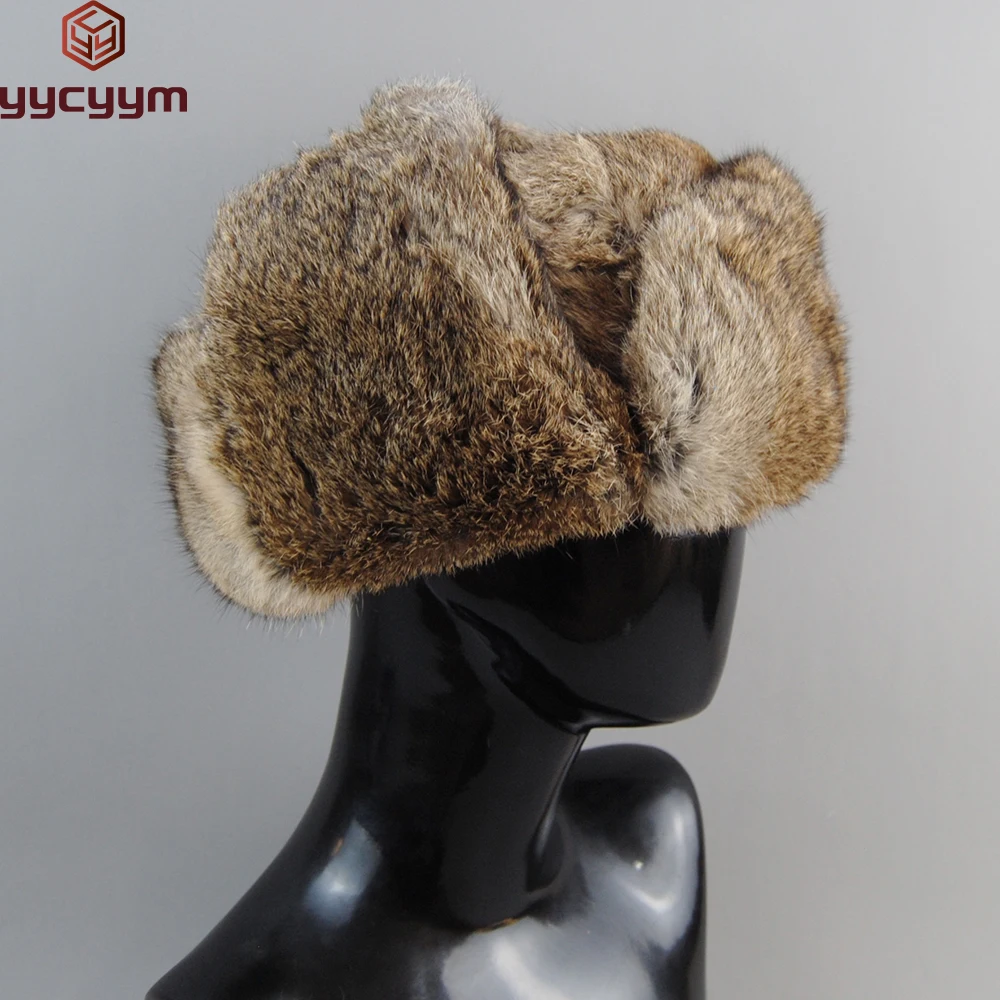 

Rabbit Fur Cap Man Winter Genuine 100% Fur Bomber Hat Windproof Warm Earmuffs Male Flat Grey/Black Russian Hat Fitted Casquette