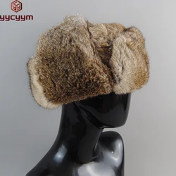 Casquette d'hiver en fourrure de lapin pour homme, chapeau bombardier, coupe-vent, chaud, couvre-oreilles, plat, gris/noir, russe, 100%