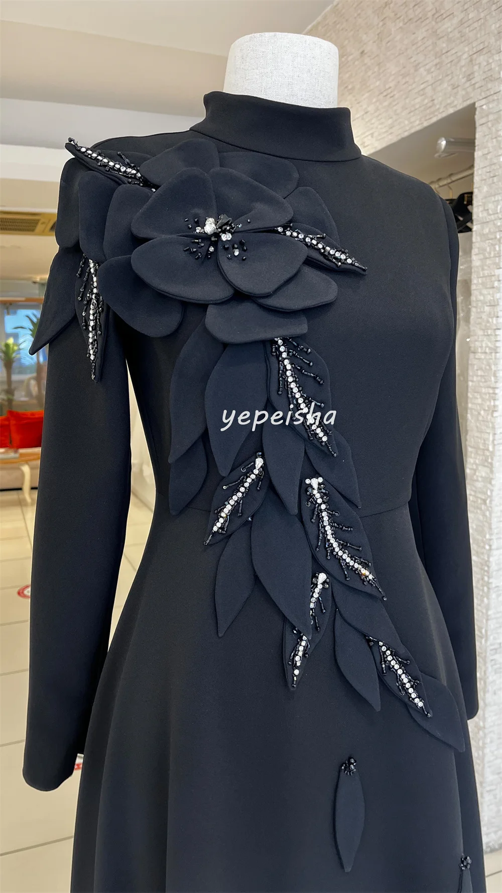 Customized Exquisite Jersey Handmade Flower Beading Sequined A-line High Collar Long Dresses Bespoke Occasion Dresses Exquisite