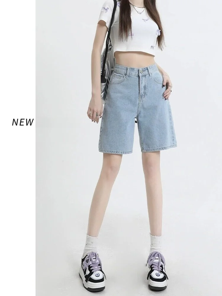

High Waist Slim Fit Thin Denim Shorts Women's Summer New Loose Casual Straight Leg mid Waist Cotton Polyester Blend Shorts