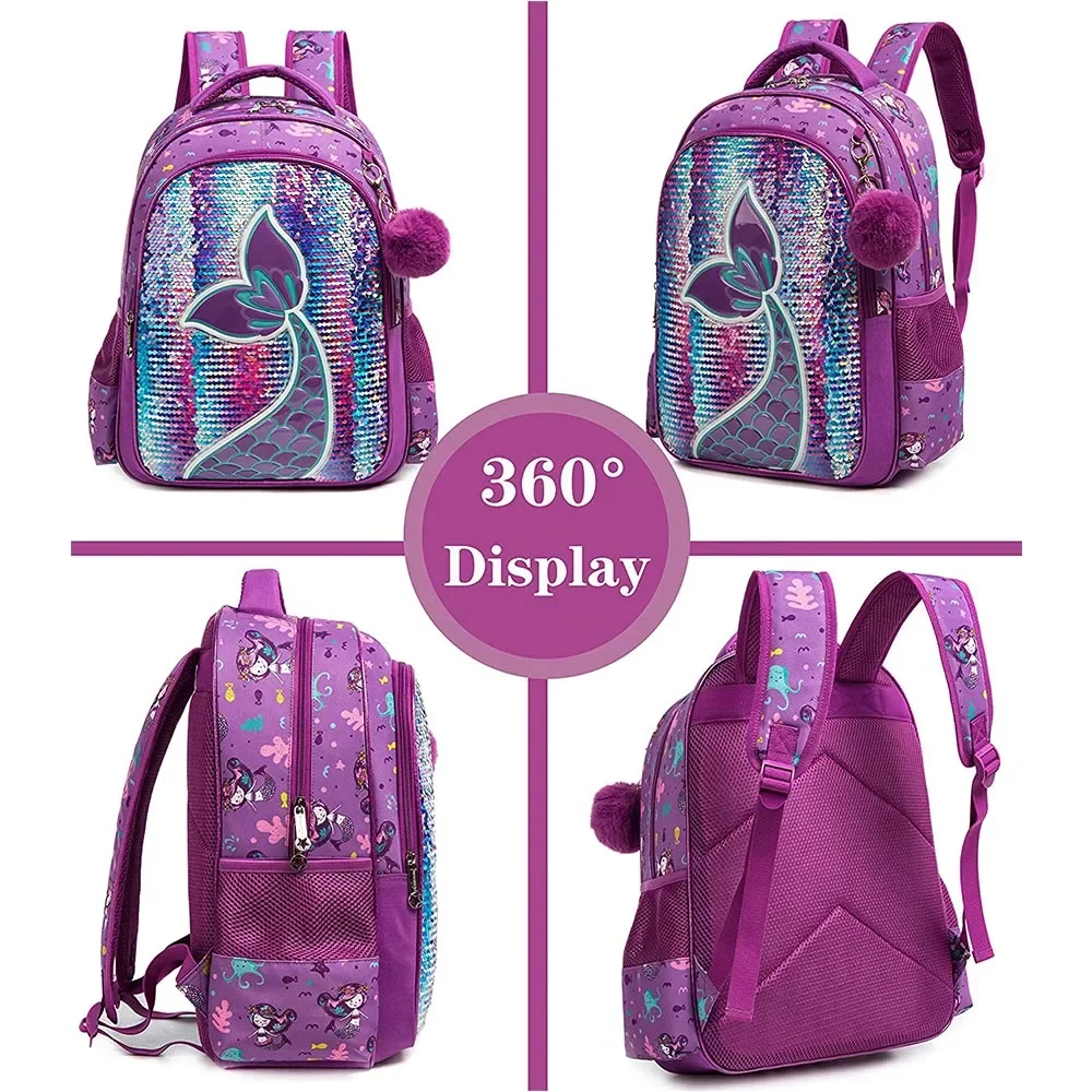 BIKAB School Backpack Girls 16 Inch Girls School Sequin Backpack with Lunch Box Backpack Women Girls School Supplies Set Bags