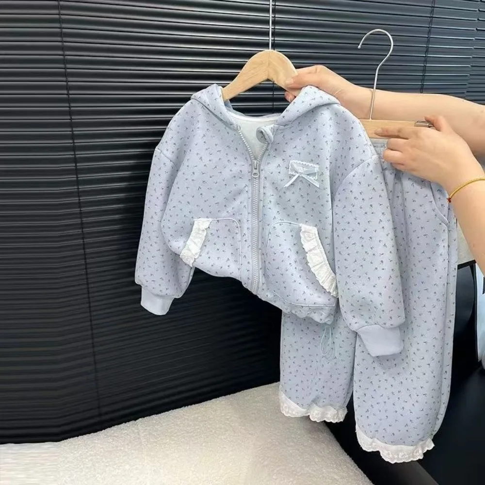 Sweet Casual Jackets Pants Set Floral Print Warm Zipper Coat Long-sleeved Hooded Clothing Kids Girl