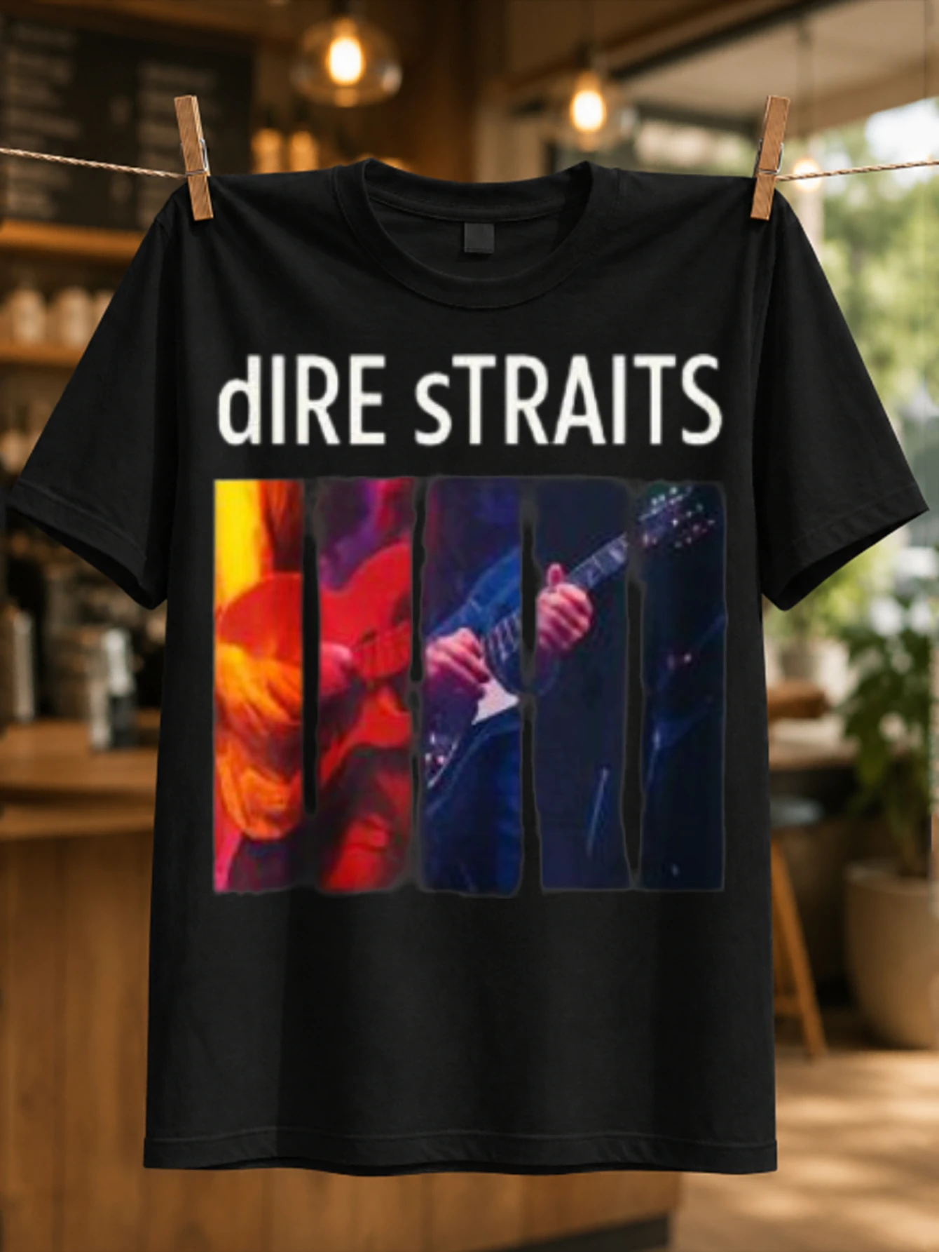 Dire Straits multicolor guitar panel design bold  lettering and live performance photo slices  Unisex All T-Shirt