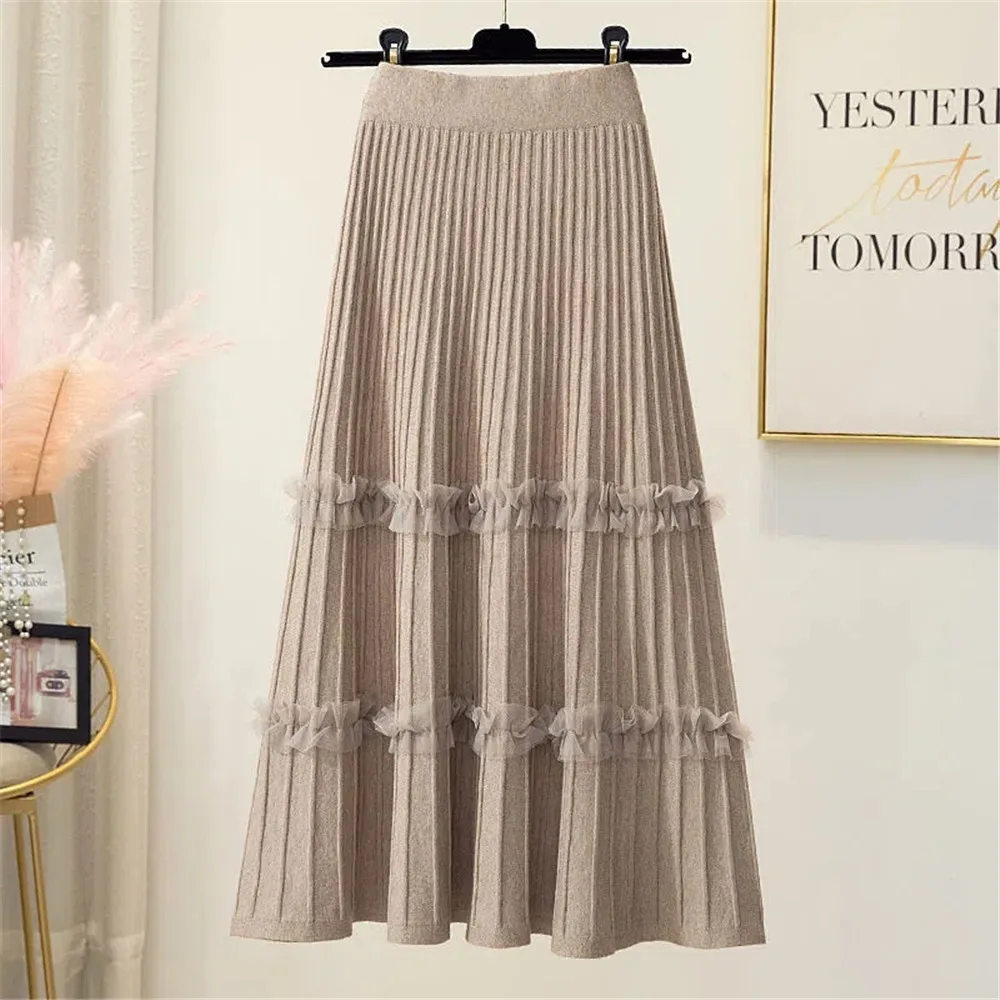 Lace Ruffle Knitted Midi Pleated Skirt Women Autumn Winter High Waist Umbrella Solid Skirt Stitching A-Line Skirt Long Skirt