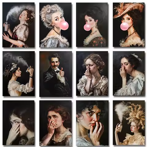 Vintage Victorian WomanPortrait Bubble Gum Canvas Painting Stinky Bathroom Thumbs Up Poster Wall Art Funny Bathroom Decor