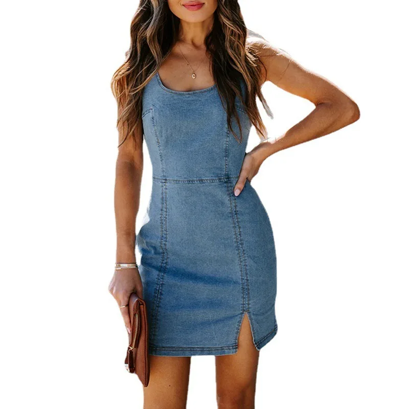 Mini vestido jeans de cintura alta feminino, sem encosto, vestidos de quadril, magro, glamouroso, pendular, sexy, verão, nova moda, 2022