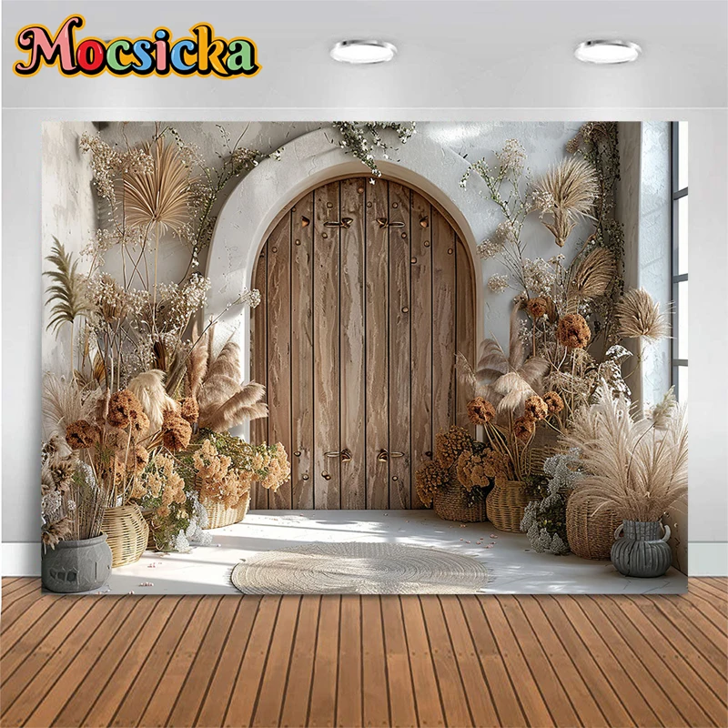 Mocsicka Wooden Door Background For Photography White Wall Flower Plant Potted Plant Photo Studio Backdrop Decoration Photozone