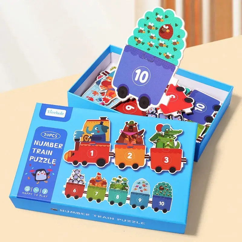 Juego de rompecabezas de tren para niños, juguetes cognitivos de números de animales educativos de aprendizaje de madera para niños, rompecabezas a juego Montessori de gran tamaño