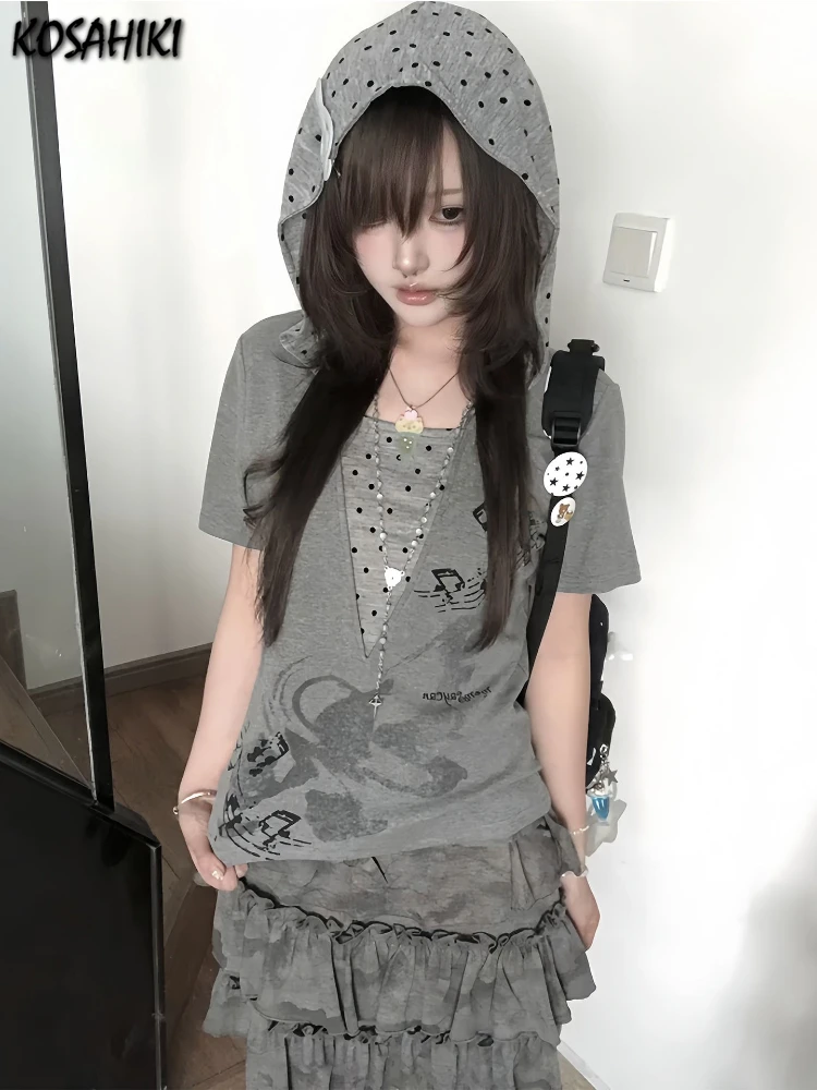 

Женская футболка в стиле гранж с японским принтом в стиле пэчворк в горошек, повседневные топы в стиле Харадзюку, лето 2021, эстетика Y2k, винтажная футболка