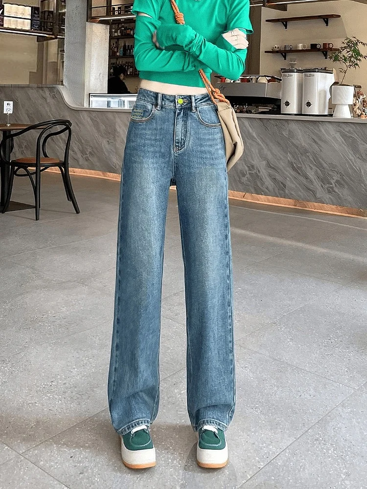 

Широкие джинсы с высокой талией, женские летние прямые брюки, повседневные свободные утягивающие универсальные джинсовые брюки, прямые брюки