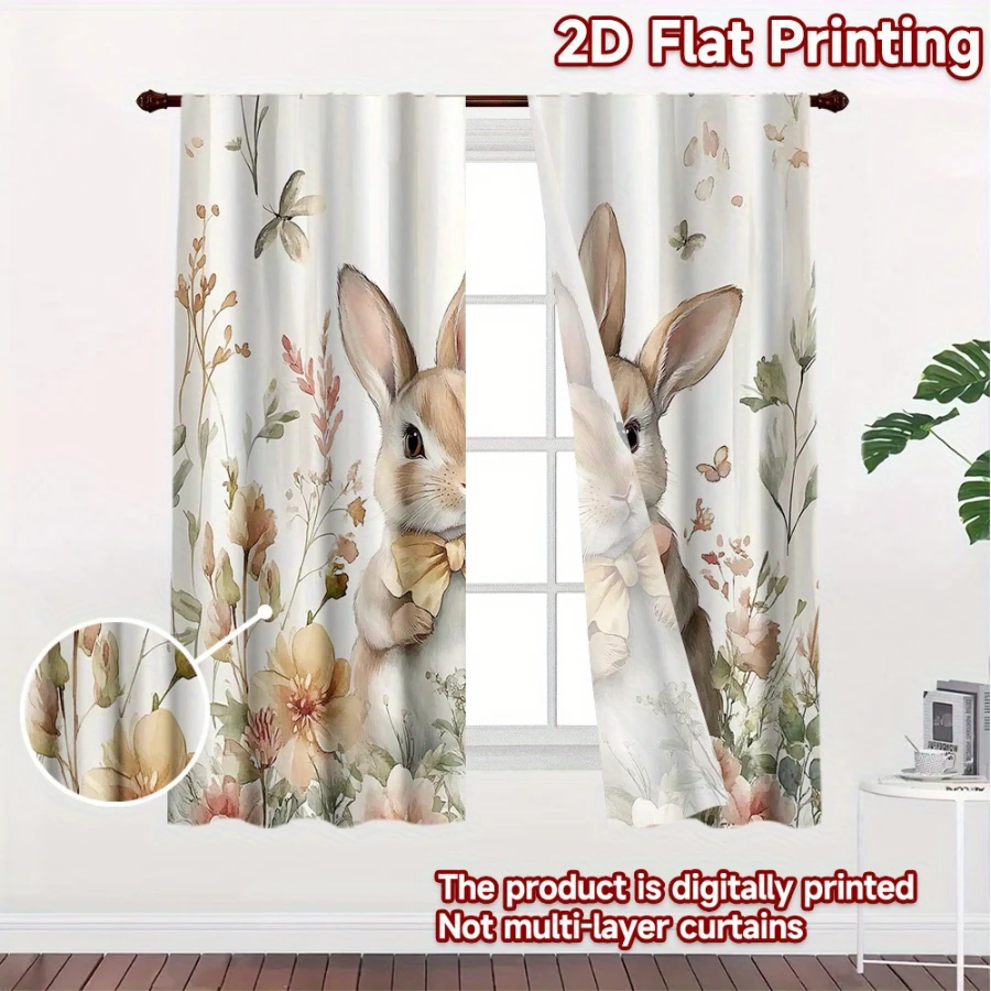2PCS Digital Print  Curtain, Watercolor Bow Tie Rabbit, Cute Cartoon Pattern  Curtain for Kids Room Bedroom Decor