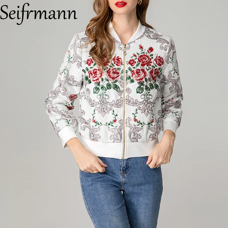 

Seifrmann Embroidered short slim fit long sleeved round neck casual high waisted women's fashionable jacket jacket