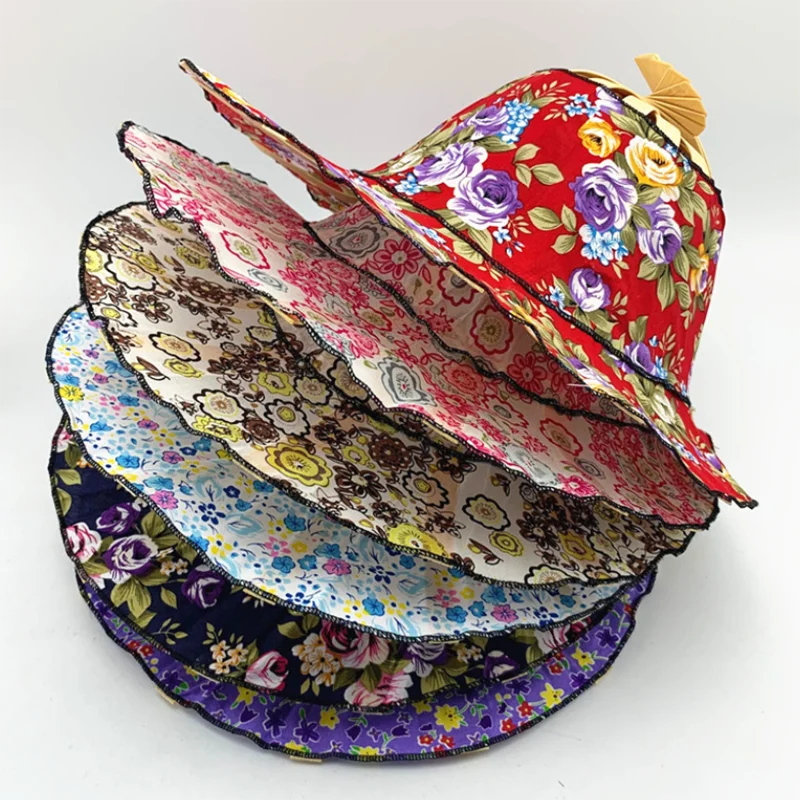 30PCS Foldable Hand Fan Sun Hat 2 In 1 Portable Floral Printed Bamboo Hat Outdoor Travel Holiday Sun Hat Summer Caps