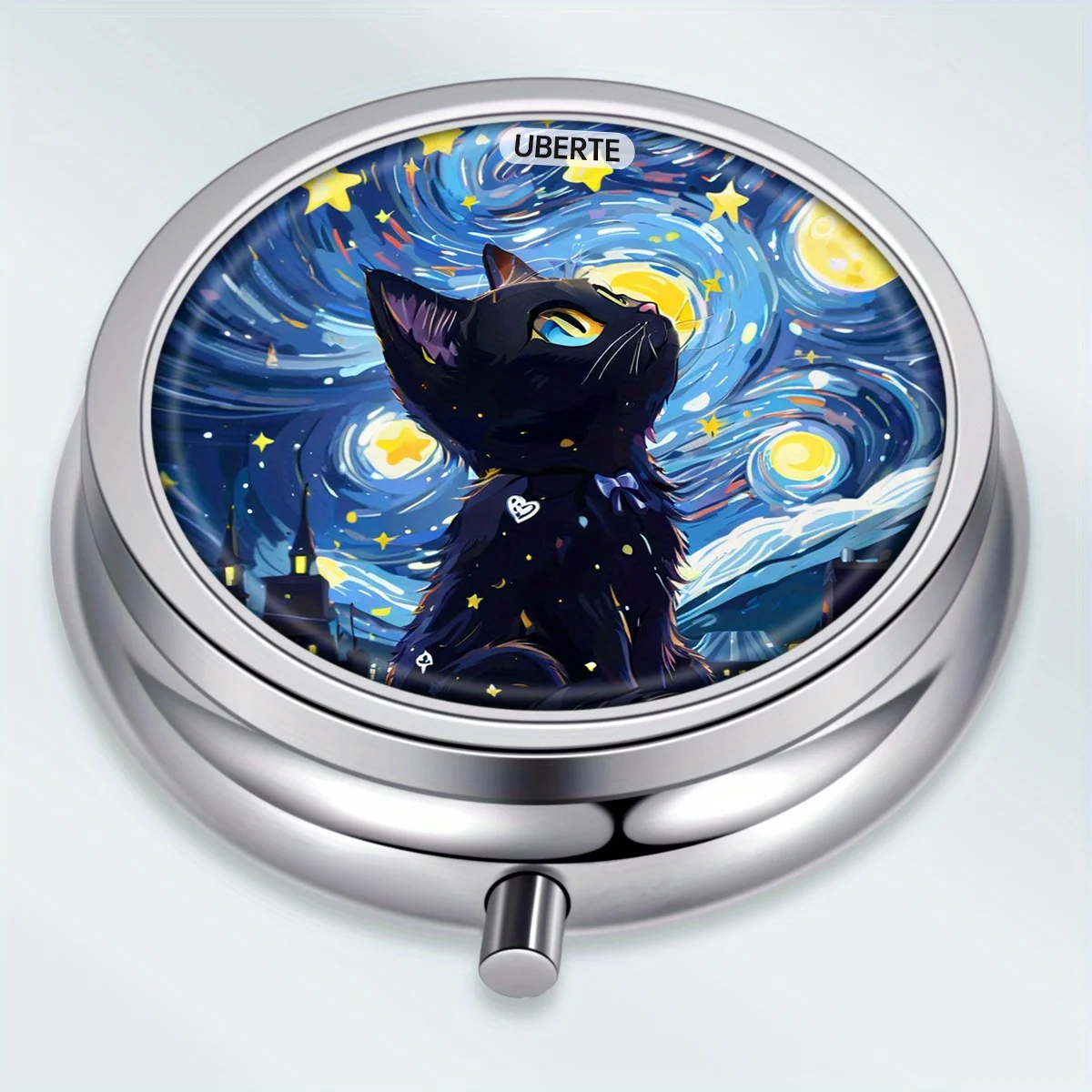 1 piece UBERTE Starry Night Cat Metal Pill Box - 3-compartment round medicine organizer with abstract Van Gogh design, portable storage for jewelry and vitamins, a perfect gift for friends and elders