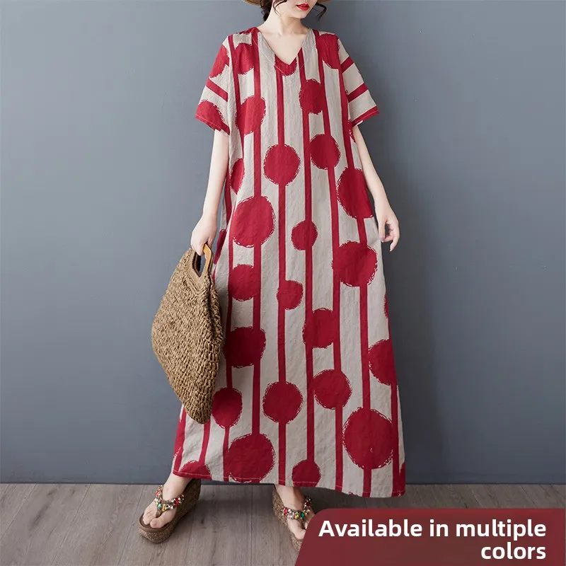 فستان طويل فضفاض من القطن بنمط زهور وخطوط ونقاط عتيقة للنساء ذوات المقاسات الكبيرة بأسلوب كاجوال وياقة على شكل V وأكمام قصيرة...