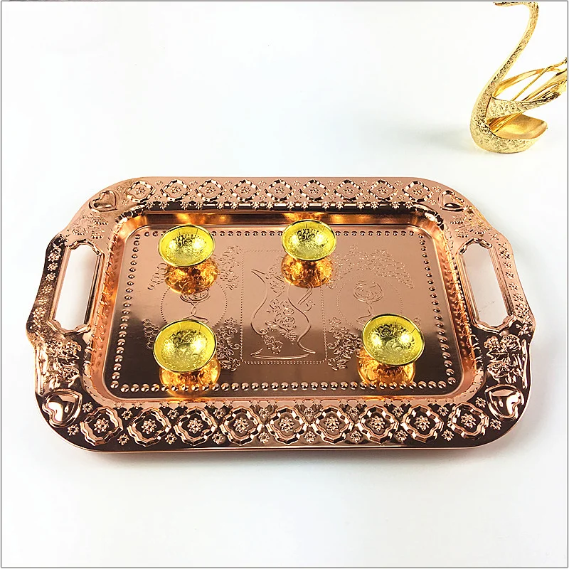 Guangzhou hadi wholesale hotel and restaurant supply cheaper copper rose gold elegant middle east serving tray for tea