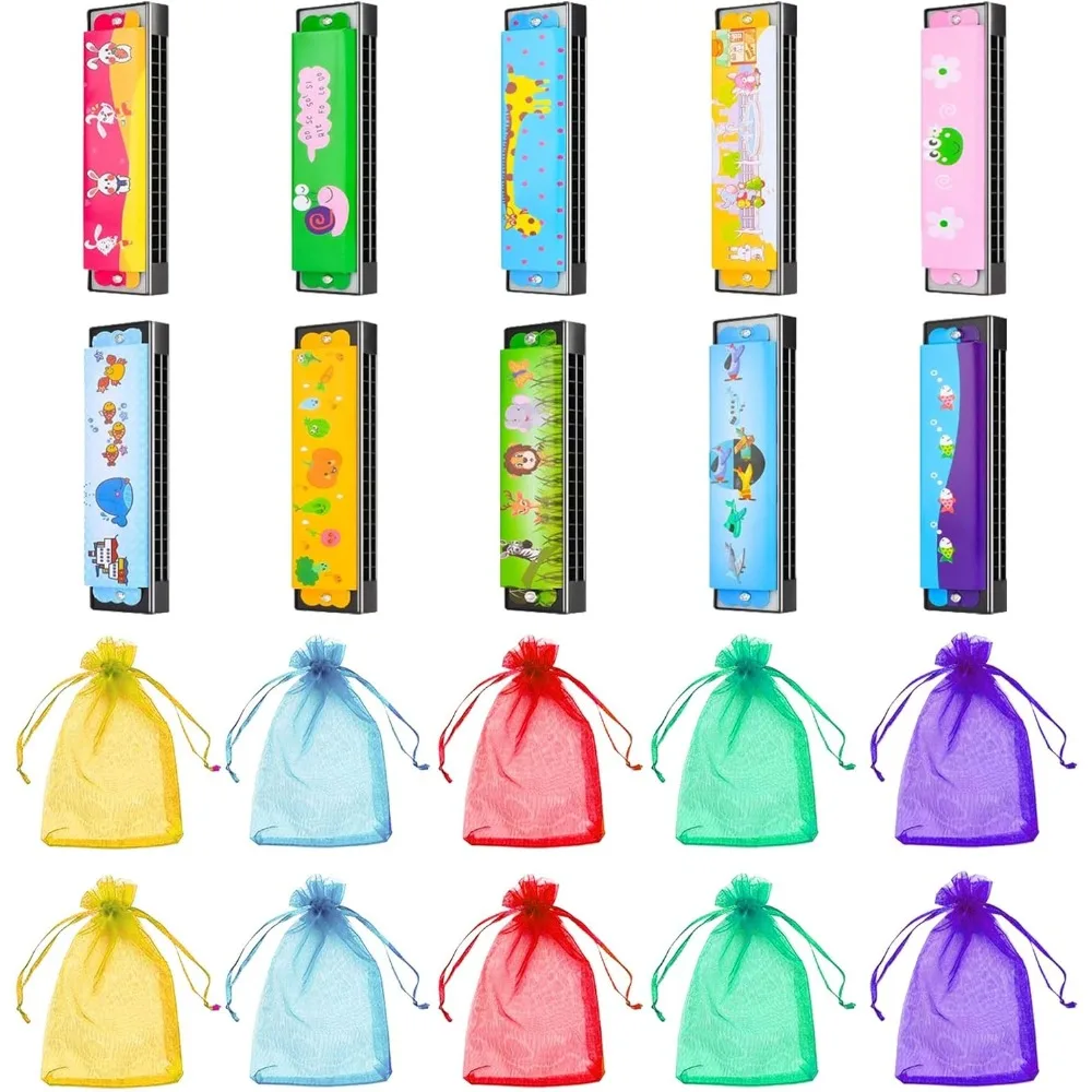 

10 Sets Harmonica with Organza Gift Bags Music Party Favors 16 Holes Cartoon Harmonica Musical Instrument for Musical Party Gift