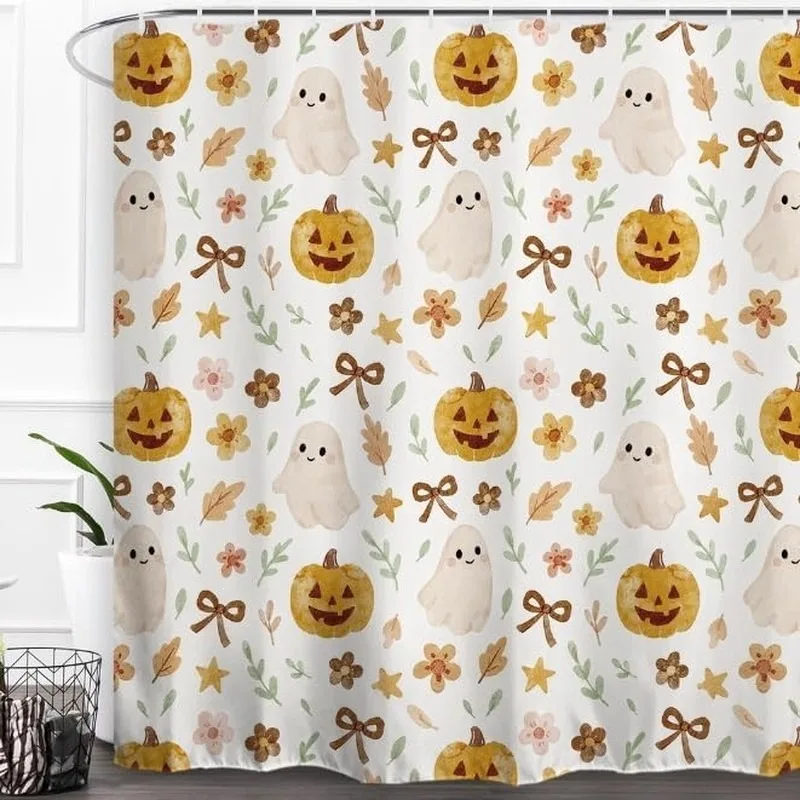 Watercolor Ghost Pumpkin Bow Butterfly Halloween Shower Curtain No Drilling Bathroom Decor Set with 12 Hooks