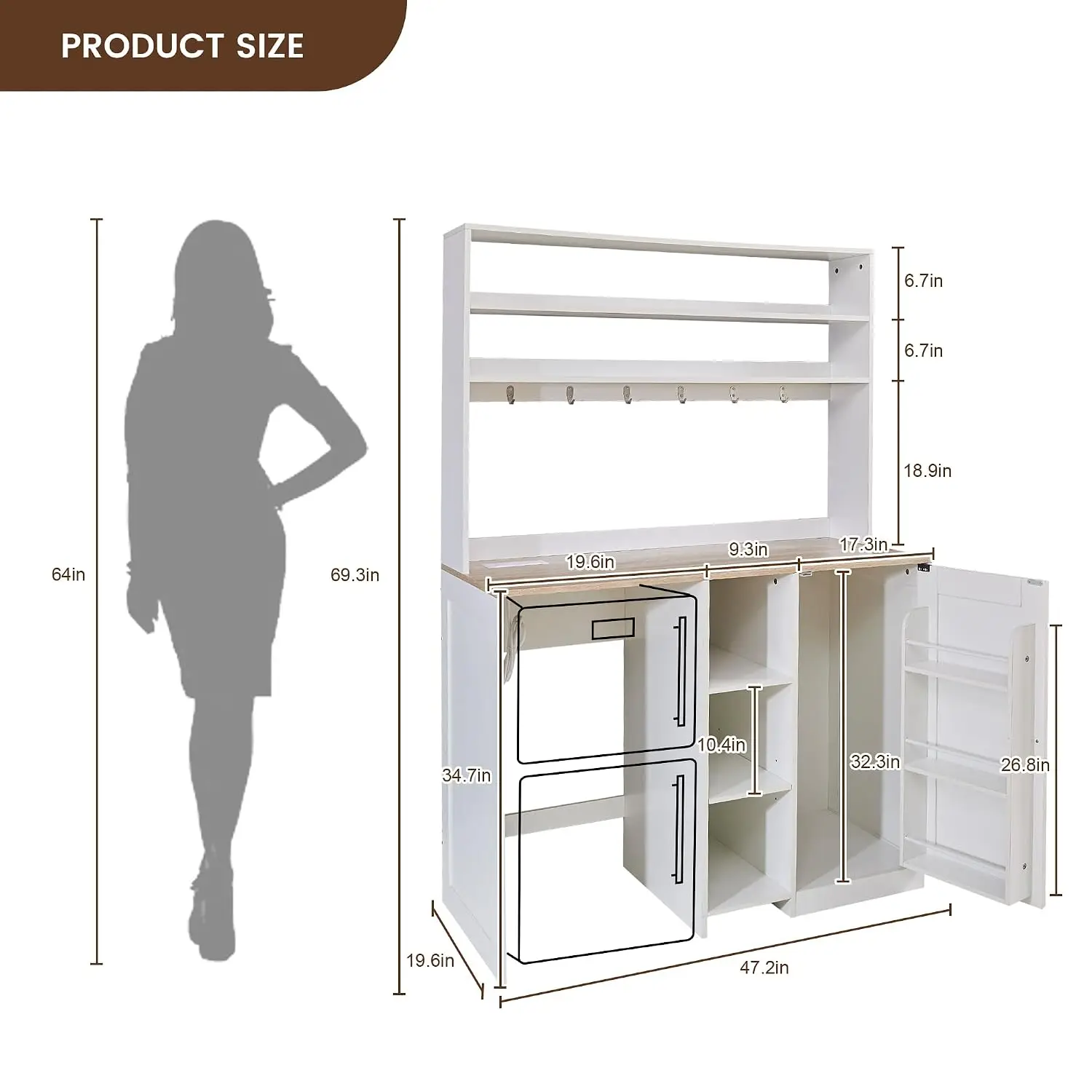 69" Coffee Bar Cabinet with Fridge Space & Power Outlet, Microwave Stand with Storage for Kitchen Apartment Home Bar, Customized