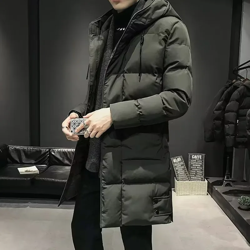 

COMXZ Men Padded Jacket Thick Korean Style Lightweight Parkas Fashion Hooded Knee Length Cold Resistant Winter Men Cotton Coat