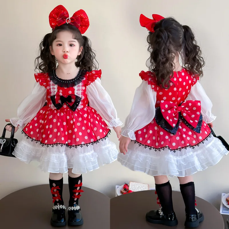 

Girls Long Sleeve Lolita Princess Dress Cartoon Polka Dot Bow Knot Birthday Dress for Girls Layered Dress Festival Dress Gift
