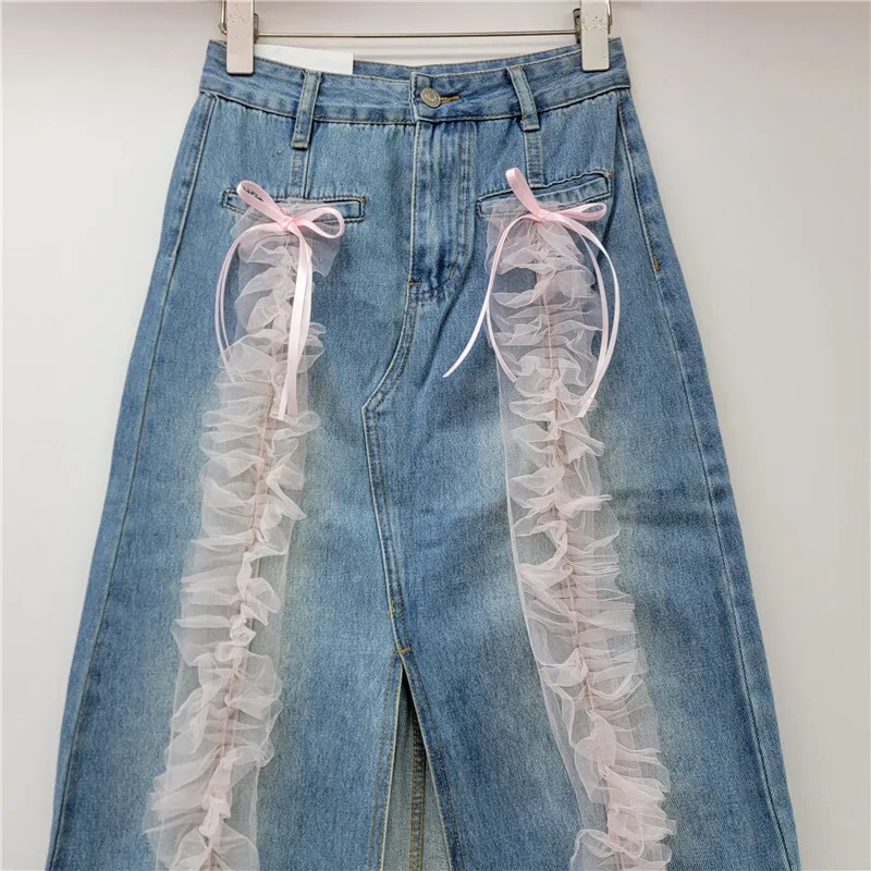 [zoci] Pink Lace Split Denim New High Waisted, Mid Design That Covers Hips Appears Slim, Knee Length Skirt