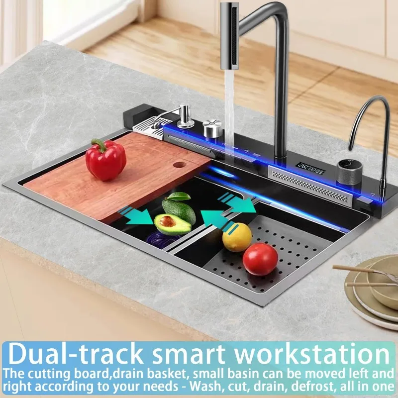 Kitchen Sink, Drop In Waterfall Sinks Workstation with Faucet Combo and Sink Cup Washer Stainless Steel Single Bowl Modern Smart